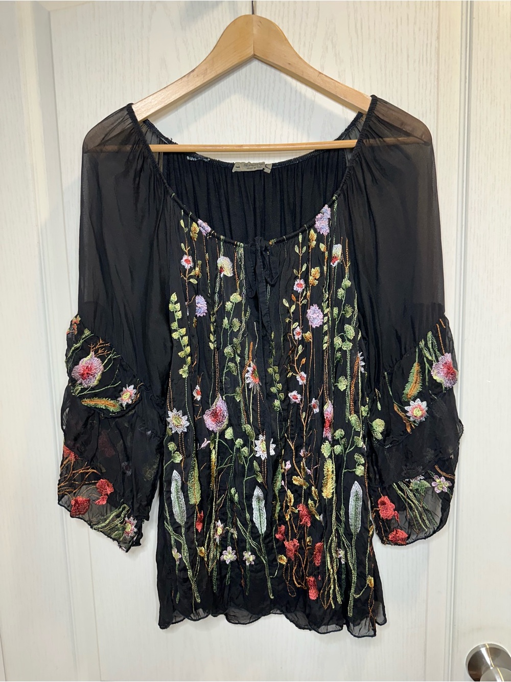 Silk Blend Black Sheer Tunic with Multicolor Floral Embroidery